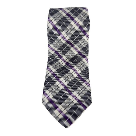 ETON 100% Silk Plaid Gray Purple Tie W3” x L58” - Picture 2 of 5